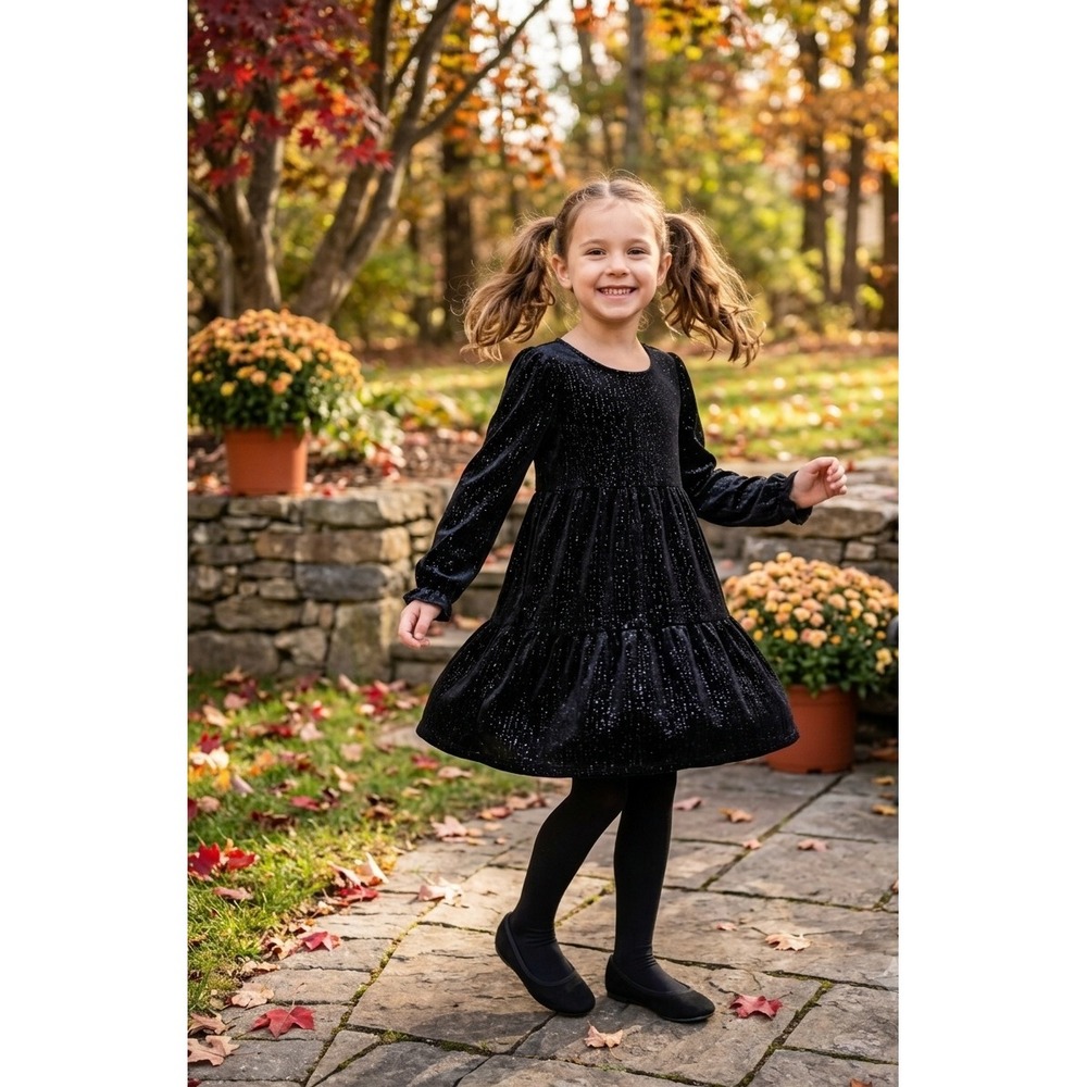 Tahari Girls Black Metallic Shimmer Velvet‎ Tiered Babydoll Dress Size 7 NWT